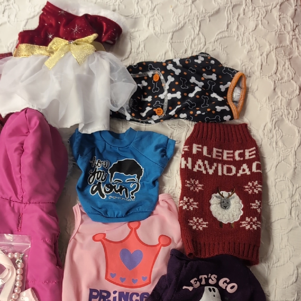 Dog Sweater,Coats,Shirts,Carrier And Pearl Necklace.